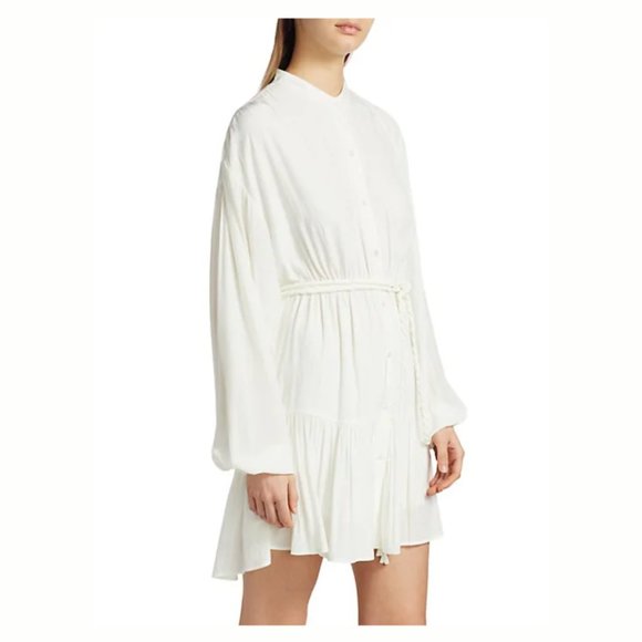 A.L.C. Blouson Long Sleeve Mini Dress White Button Up String Belt Flounce Hem - Picture 11 of 11